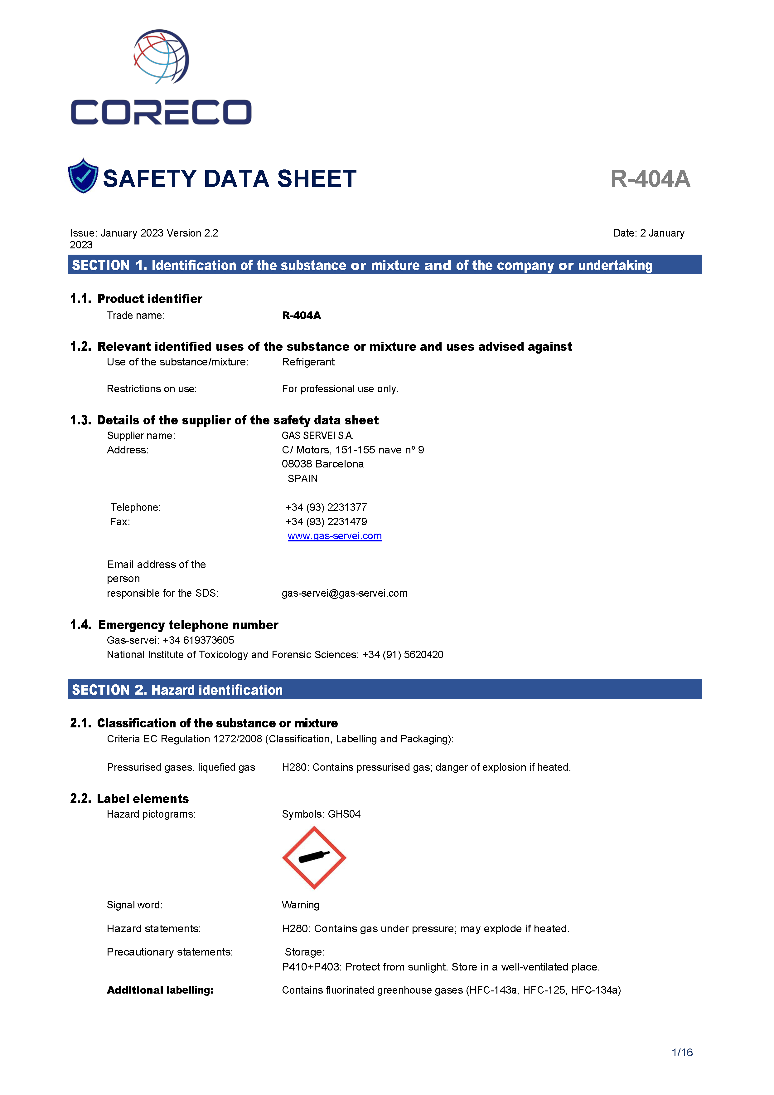 Safety Data Sheet R 404A