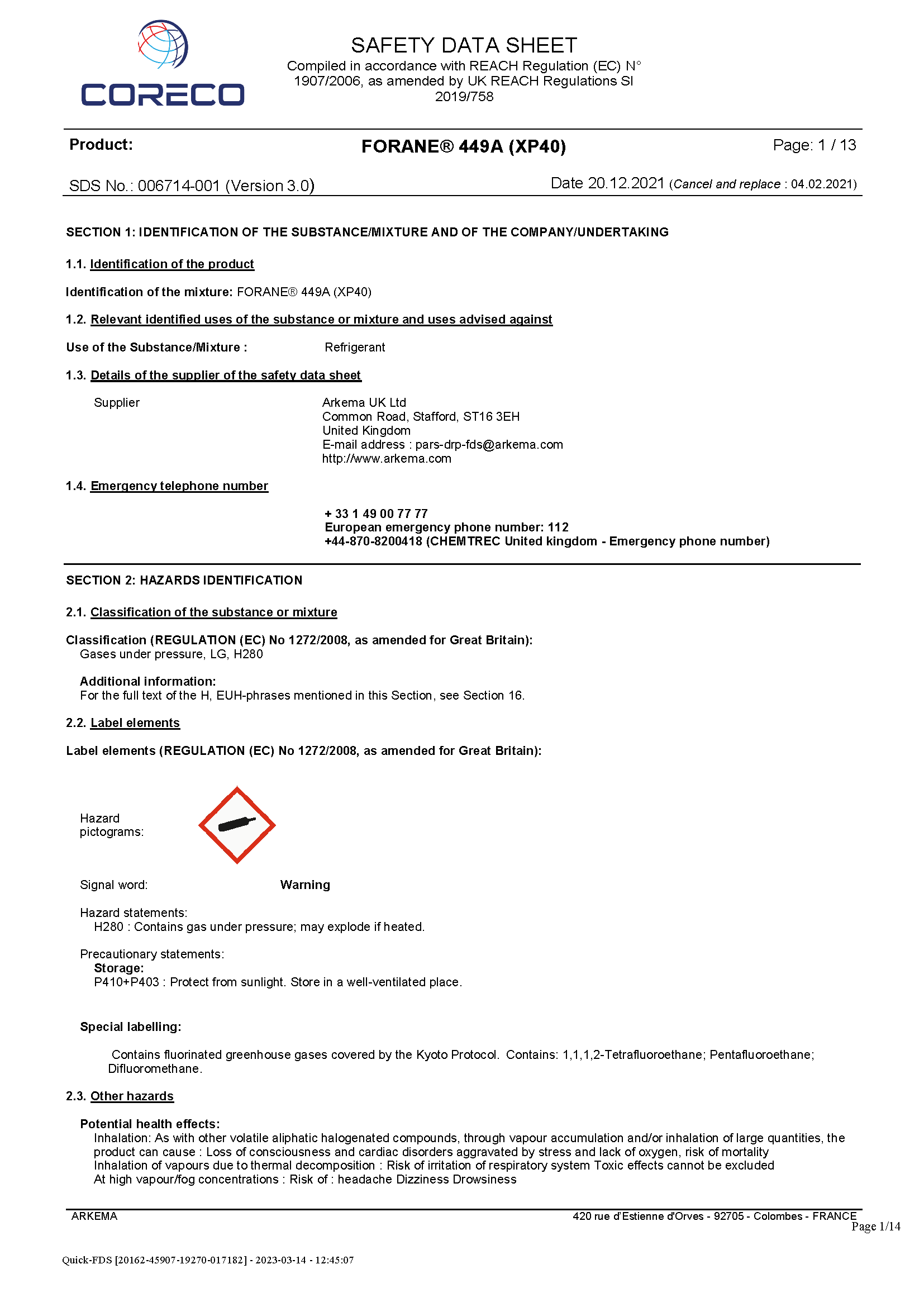 Safety Data Sheet R 449A