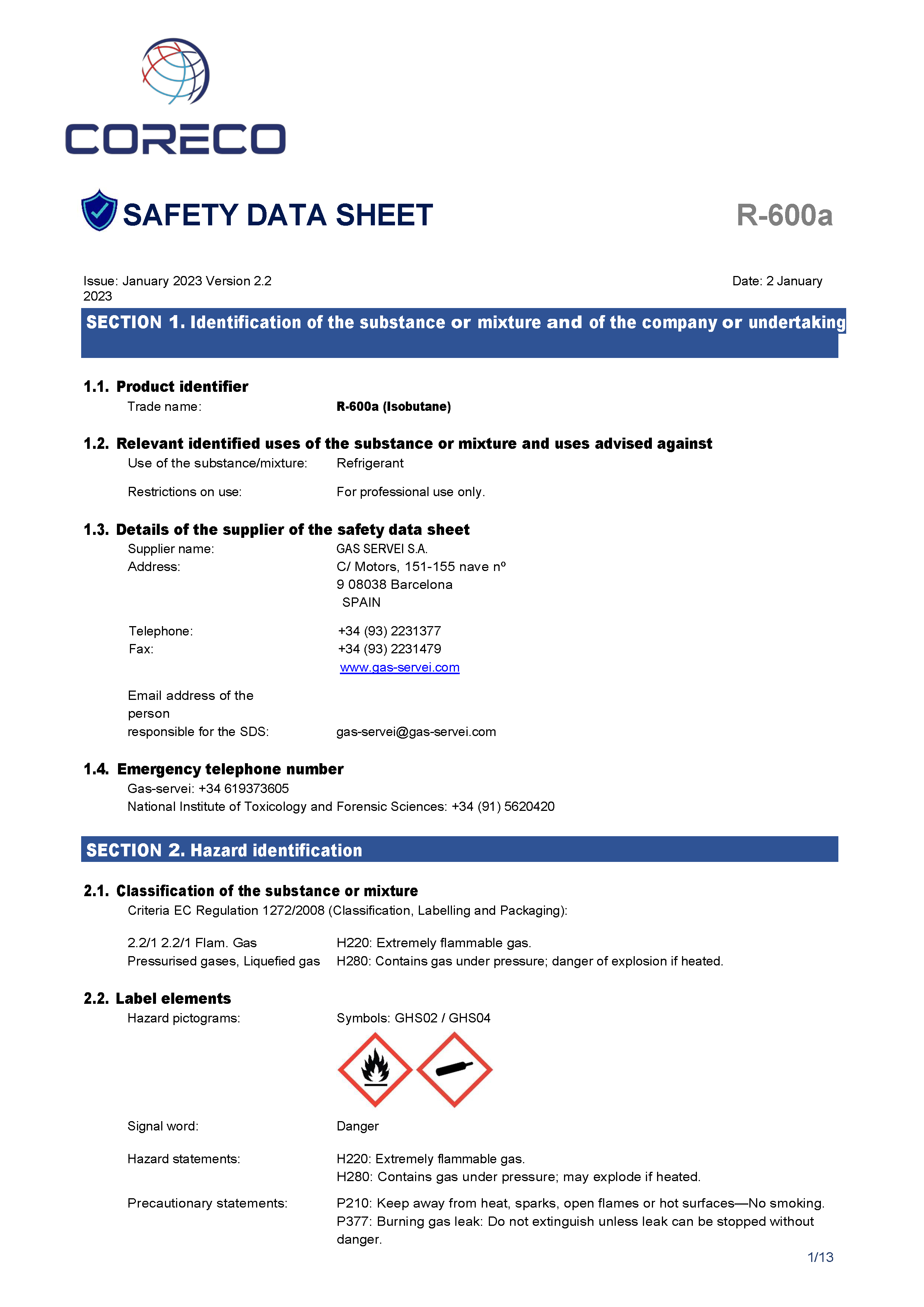 Safety Data Sheet R 600A